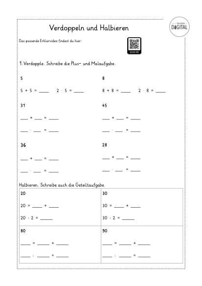Verdoppeln und Halbieren. Mathe Klasse 2. Arbeitsblatt mit Lösung