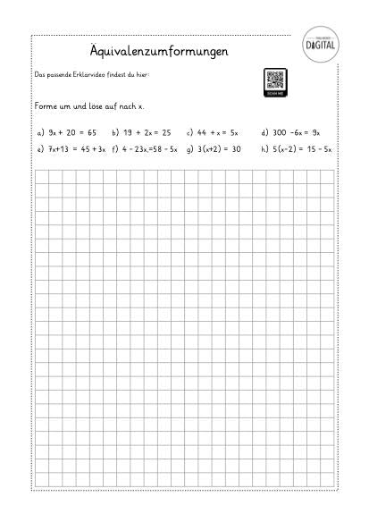 Äquivalenzumformungen. Arbeitsblatt mit Lösung. Mathe ab Klasse 5.