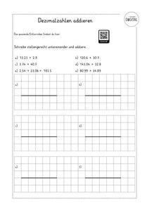 Dezimalzahlen addieren. Arbeitsblatt mit Lösung. Mathe Klasse 3.