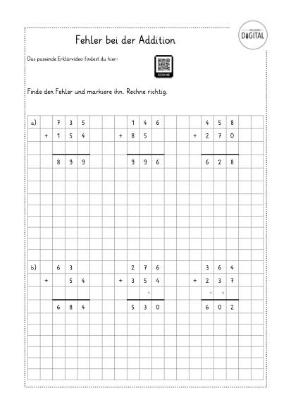 Fehler bei der schriftlichen Addition. Arbeitsblatt mir Lösung. Mathe Klasse 3.