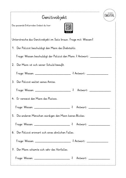 Genitivobjekt. Deutsch Klasse 4. Zweiseitiges Arbeitsblatt.