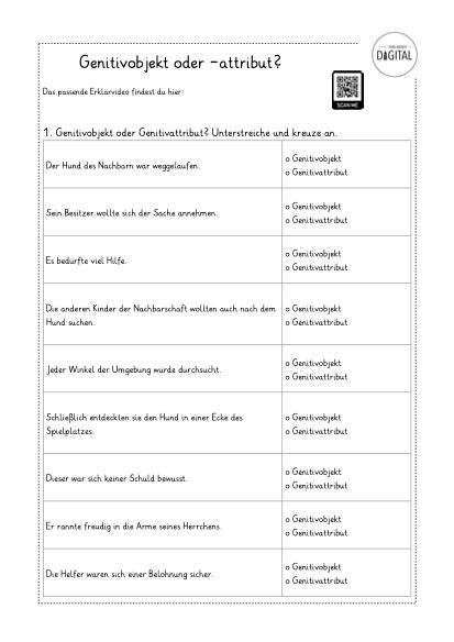 Genitivobjekt oder Genitivattribut. Arbeitsblatt mit Lösung. Deutsch ab Klasse 5.