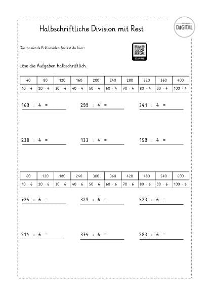 Halbschriftliche Division mit Rest. Arbeitsblatt mit Lösung. Mathe Klasse 4.