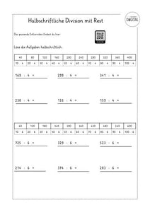 Halbschriftliche Division mit Rest. Arbeitsblatt mit Lösung. Mathe Klasse 4.