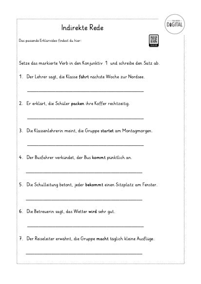 Indirekte Rede. Arbeitsblatt mit Lösung. Deutsch ab Klasse 5