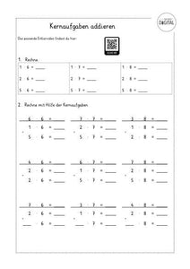 Kernaufgaben addieren. Arbeitsblatt mit Lösung. Mathe Klasse 2.