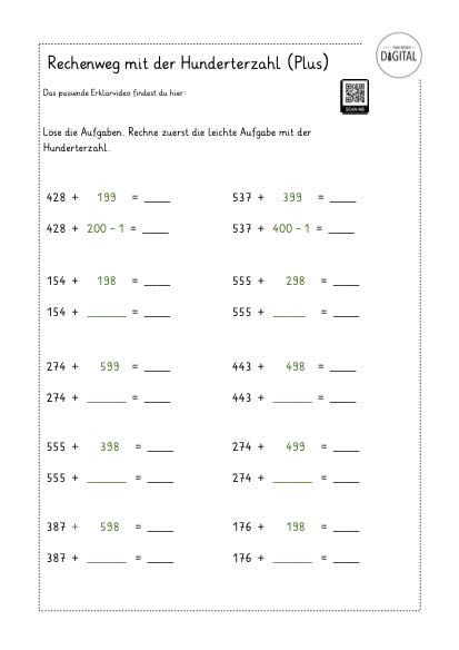 Rechenweg mit der Hunderterzahl (Plus). Arbeitsblatt mit Lösung. Mathe Klasse 3.