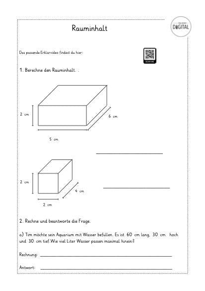 Rauminhalt bei Quadern. Arbeitsblatt mit Lösung. Mathe Klasse 4.