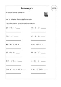 Rechenregeln. Arbeitsblatt mit Lösung. Mathe Klasse 4.