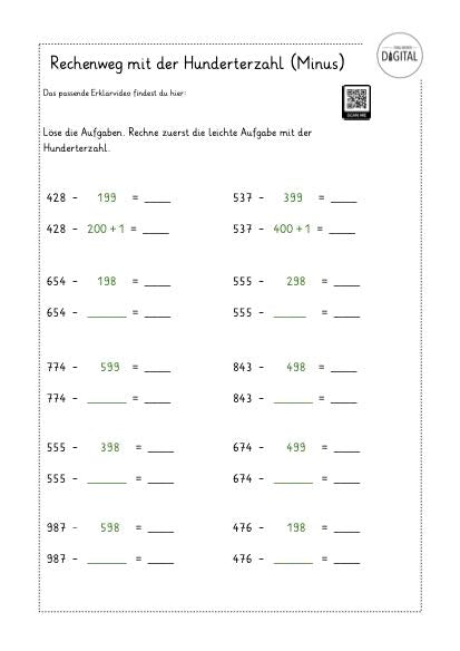Rechenweg mit der Hunderterzahl (Minus) Arbeitsblatt mit Lösung. Mathe Klasse 3.