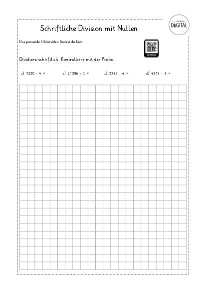 Schritfliche Division mit Nullen im Ergebnis- Arbeitsblatt mit Lösung. Mathe Klasse 4.