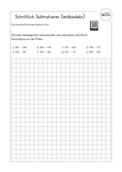 Schriftlich subtrahieren (entbündeln) Arbeitsblatt mit Lösung. Mathe Klasse 3.