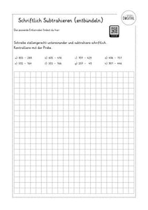 Schriftlich subtrahieren (entbündeln) Arbeitsblatt mit Lösung. Mathe Klasse 3.