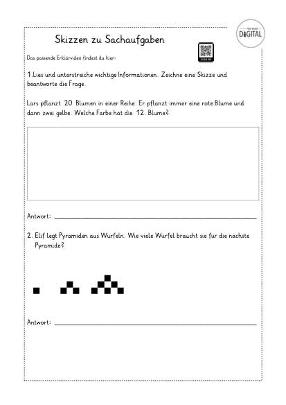 Skizzen zu Sachaufgaben. Arbeitsblatt mit Lösung. Mathe Klasse 2.