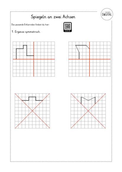 Spiegeln an zwei Achsen. Arbeitsblatt mit Lösung. Mathe Klasse 3.