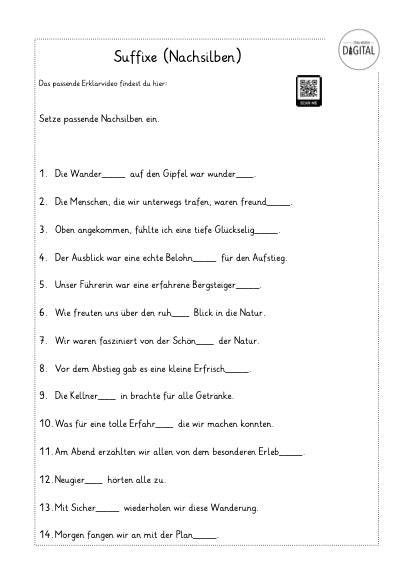 Suffixe - Nachsilben. Zweiseitiges Arbeitsblatt mit Lösung. Deutsch Klasse 4.