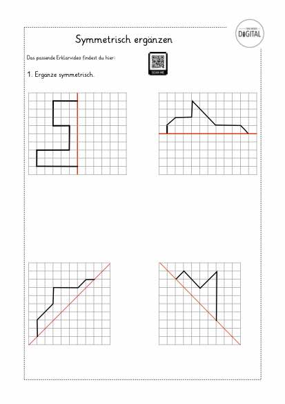 Symmetrisch ergänzen. Mathe Klasse 3. Arbeitsblatt mit Lösung.