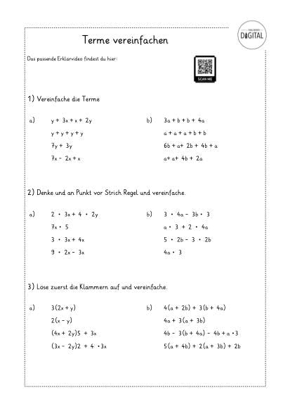 Terme Math Terme vereinfachen- die Grundlagen. Arbeitsblatt mit Lösung. Mathe ab ...