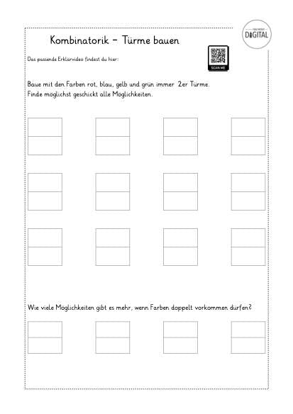 Kombinatorik - Türme bauen. Arbeitsblatt mit Lösung. Mathe Klasse 2.