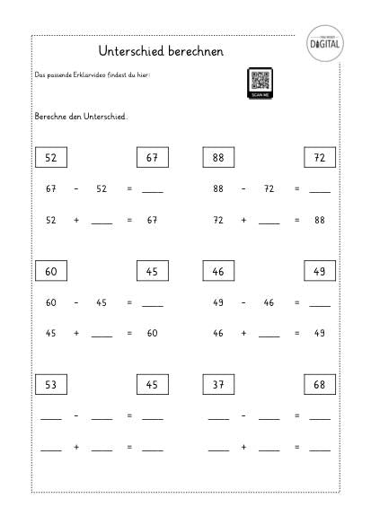 Unterschiede Berechnen Arbeitsblatt Mit Lösung Mathe Klasse 2 Frau Weber Digital