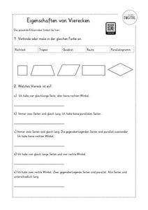 Eigenschaften von Vierecken. Arbeitsblatt mit Lösung. Mathe Klasse 3.