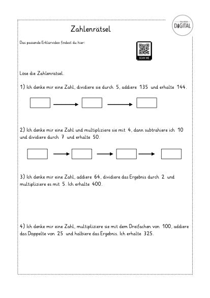 Zahlenrätsel. Arbeitsblatt mit Lösung. Mathe Klasse 4.