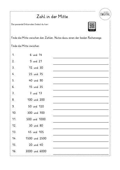 Zahl in der Mitte finden. Arbeitsblatt mit Lösung. Mathe Klasse 4.