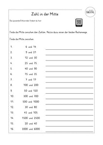 Zahl in der Mitte finden. Arbeitsblatt mit Lösung. Mathe Klasse 4.