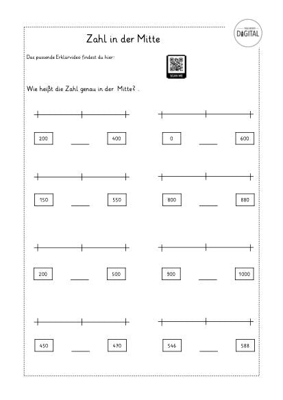 Mitte zwischen zwei Zahlen. Arbeitsblatt mit Lösung. Mathe Klasse 3