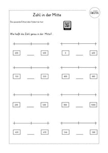 Mitte zwischen zwei Zahlen. Arbeitsblatt mit Lösung. Mathe Klasse 3.