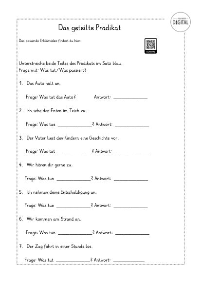 Mehrteilige Prädikate. Zweiseitiges Arbeitsblatt mit Lösung. Deutsch Klasse 3.