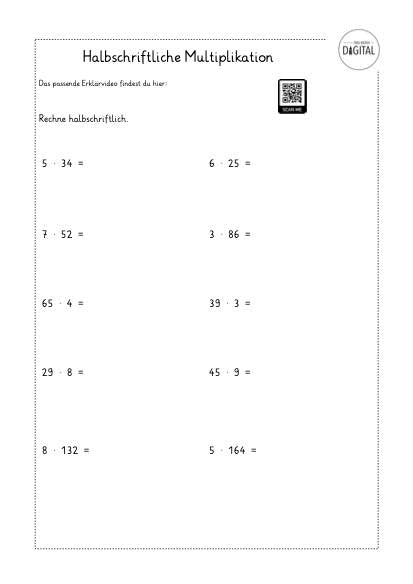 Halbschriftliche Multiplikation. Arbeitsblatt mit Lösung. Mathe Klasse 3.