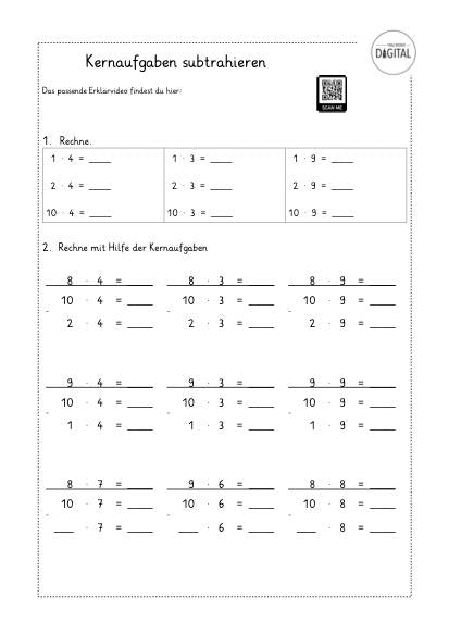 Kernaufgaben subtrahieren. Arbeitsblatt mit Lösung, Mathe Klasse 2