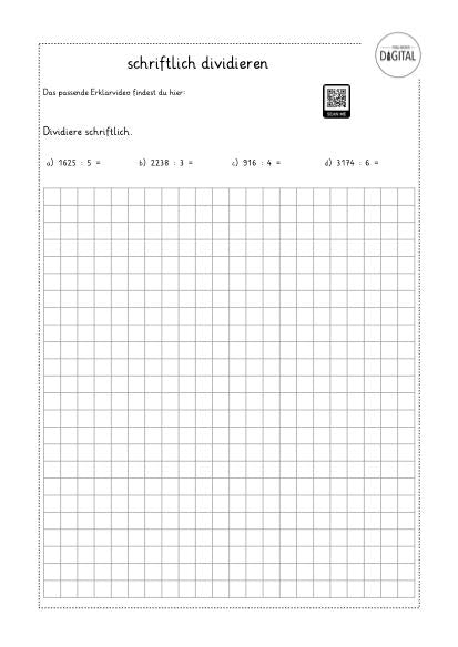 Schriftlich dividieren. Mathe Klasse 4. Arbeitsblatt mit Lösung.