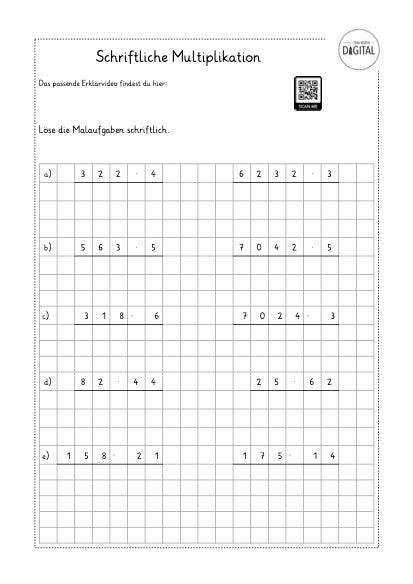 Schriftliche Multiplikation. Arbeitsblatt mit Lösung. Mathe Klasse 4.