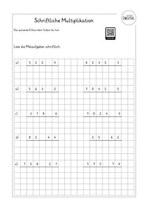 Schriftliche Multiplikation. Arbeitsblatt mit Lösung. Mathe Klasse 4.