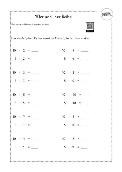 Zusammenhang 10er und 5er Malreihe. Mathe Klasse 2. Arbeitsblatt mit Lösung.