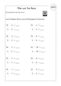 Zusammenhang 10er und 5er Malreihe. Mathe Klasse 2. Arbeitsblatt mit Lösung.