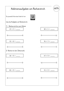 Additionsaufgaben am Rechenstrich - Arbeitsblatt mit Lösung. Klasse 2