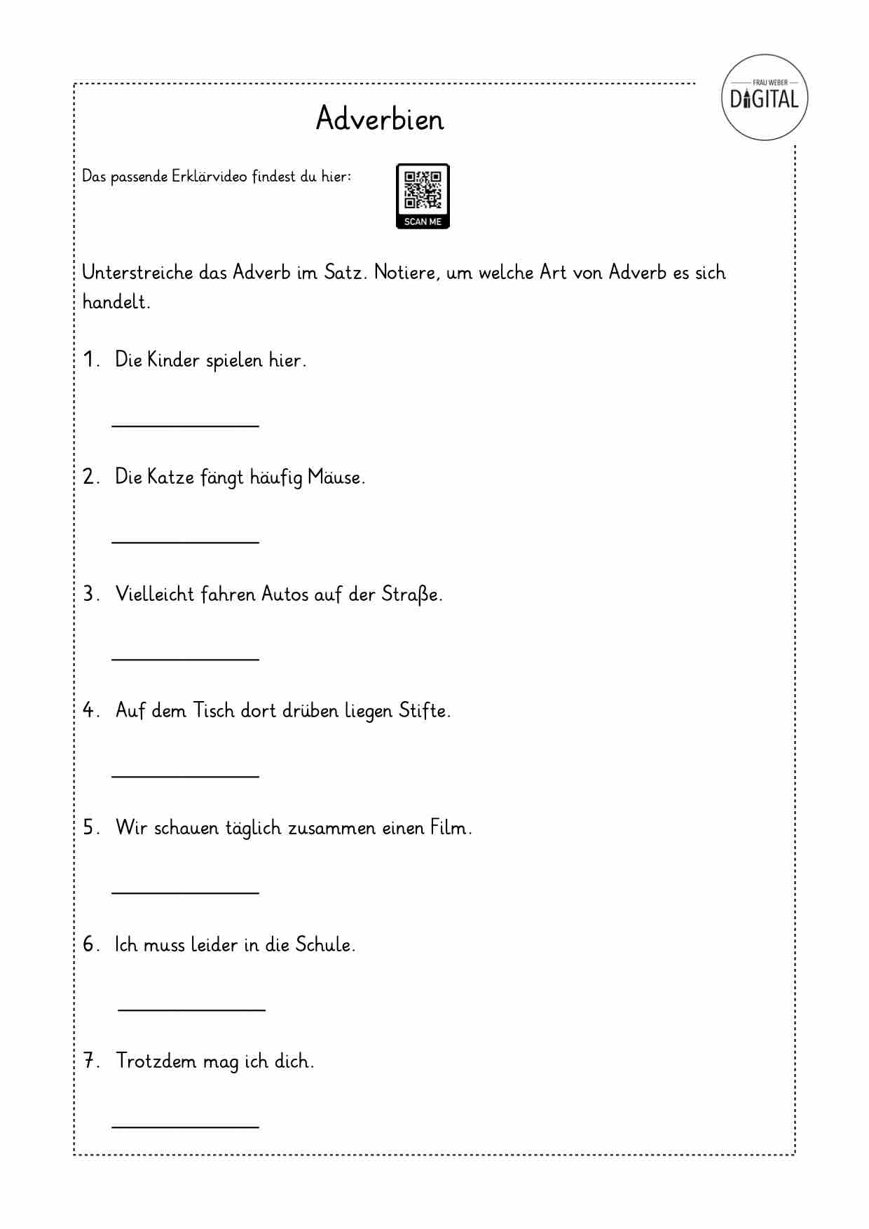 Adverbien. Arbeitsblatt mit Lösung. Deutsch ab Klasse 5
