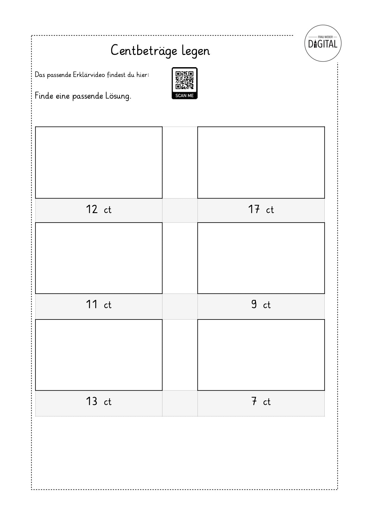 Centbeträge legen - Arbeitsblatt mit Lösung, Mathe Klasse 1