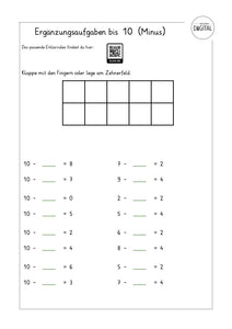 Ergänzungsaufgaben bis 10 (Minus) - Arbeitsblatt mit Lösung. Mathe Klasse 1