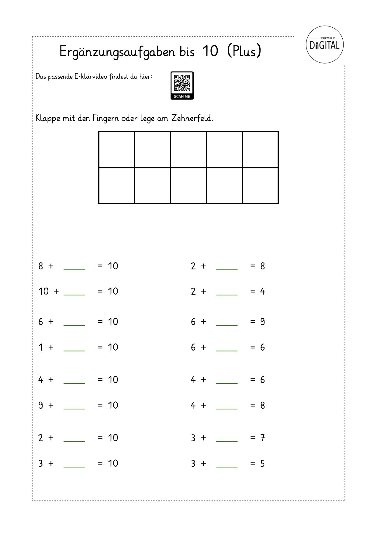 Ergänzungsaufgaben bis 10 (Plus) - Arbeitsblatt mit Lösung. Mathe Klasse 1