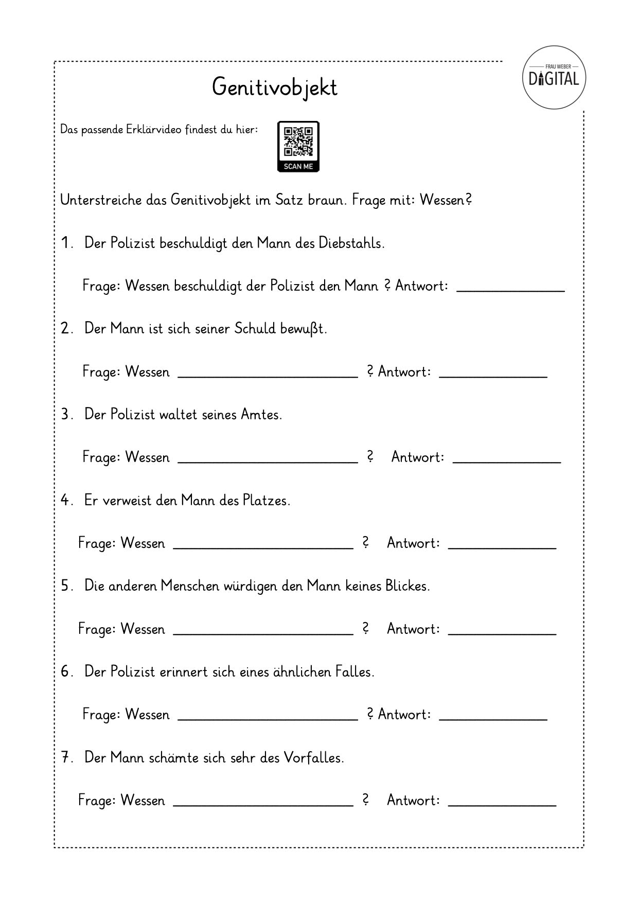 Das Genitivobjekt - Arbeitsblatt mit Lösung. Deutsch Klasse 4 Satzglieder