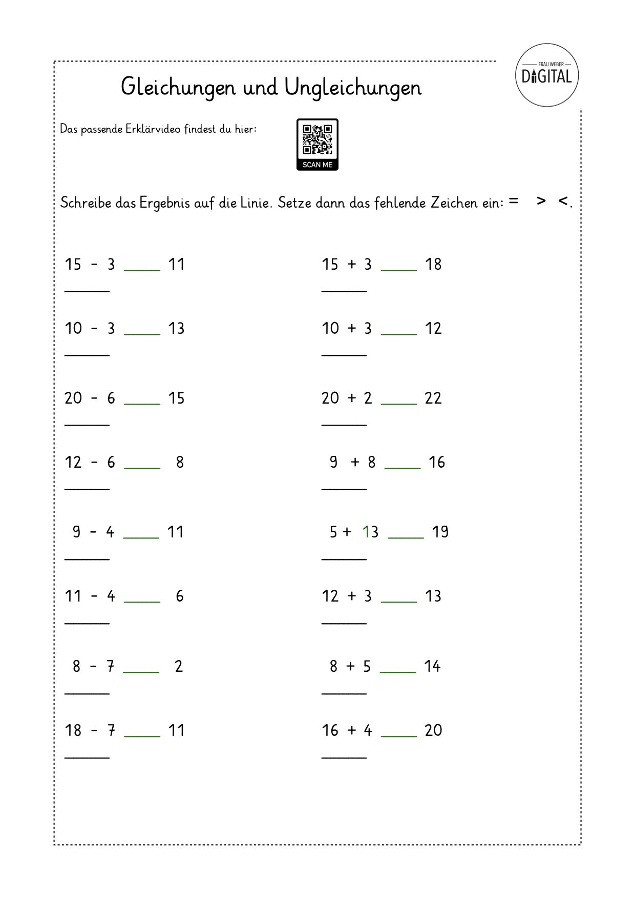 Gleichungen und Ungleichungen - Arbeitsblatt mit Lösung. Mathe Klasse 1