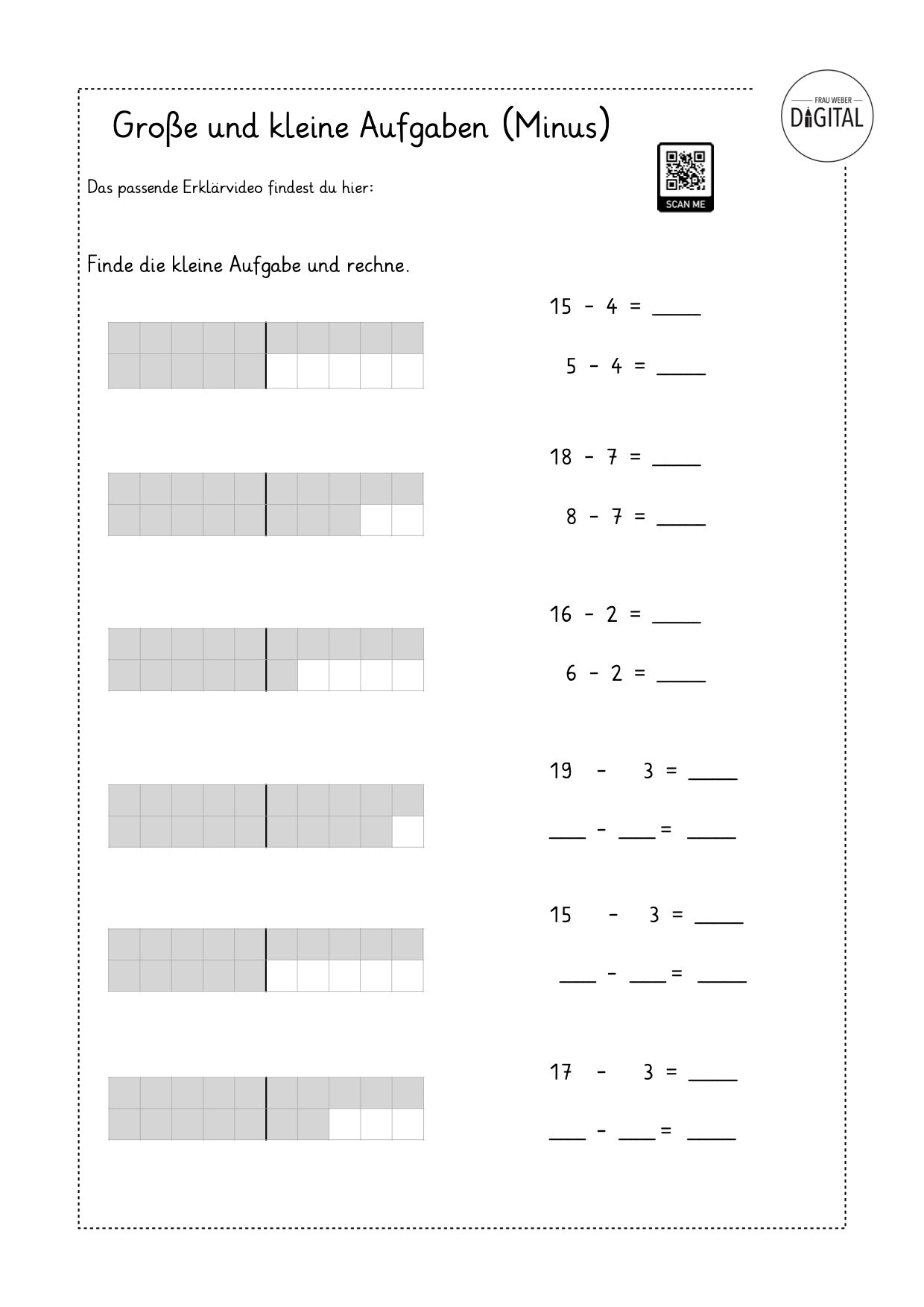 Verwandte Aufgaben (Minus) - Arbeitsblatt mit Lösung. Mathe Klasse 1