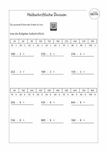 Halbschriftliche Divison. Arbeitsblatt mit Lösung. Mathe Klasse 4