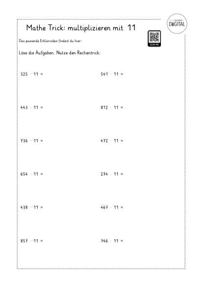 Mathe-Trick: multiplizieren mit 11. Arbeitsblatt mit Lösung. Klasse 4