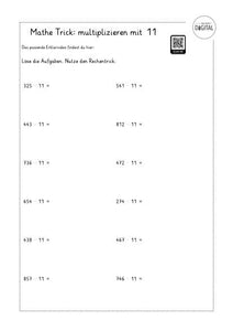 Mathe-Trick: multiplizieren mit 11. Arbeitsblatt mit Lösung. Klasse 4