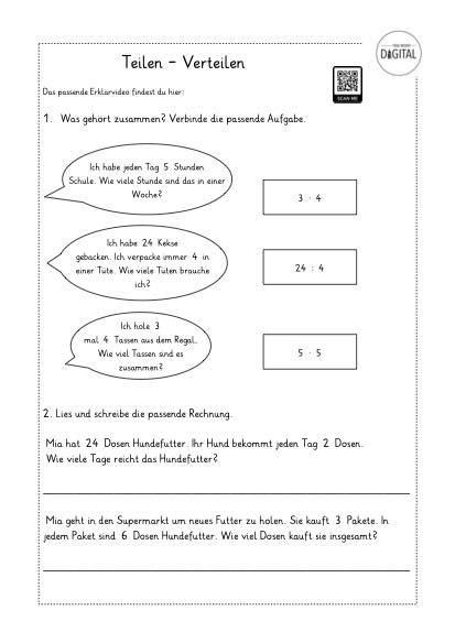 Mal- und Geteiltgeschichten. Arbeitsblatt mit Lösung. Mathe Klasse2.